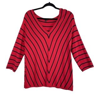 Talbots Top Women Medium  Red Navy Stripe V-Neck 3/4 Sleeve Sweater Knit